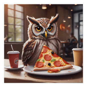 Pizza-Loving Owl in Cafe Poster