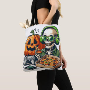 Pizza-Loving Skeleton: Gaming, Cheese Overload, Tote Bag