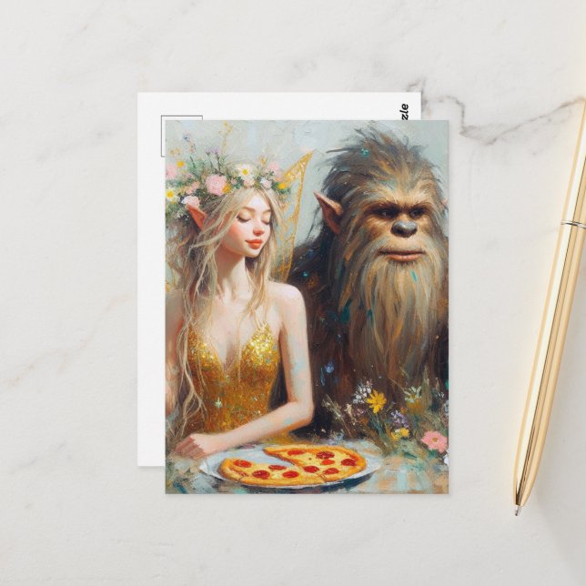 Pizza Night With Sasquatch and the Fairy Postcard (Front/Back In Situ)