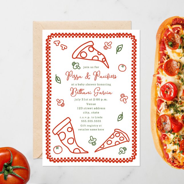 Pizza & Pacifier Sketch Doodle Neutral Baby Shower Invitation (Creator Uploaded)