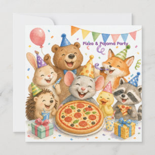 Pizza & Pajama Party Cute Animal Birthday Invitation