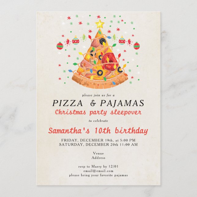 Pizza & Pajamas Christmas Sleepover Birthday Party Invitation (Front)