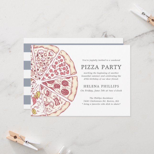 Pizza Party 25th Birthday | Striped Invitation (Front/Back In Situ)