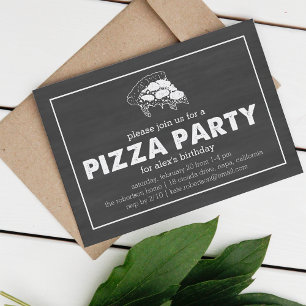Pizza Party Black & White Chalkboard Birthday Invitation