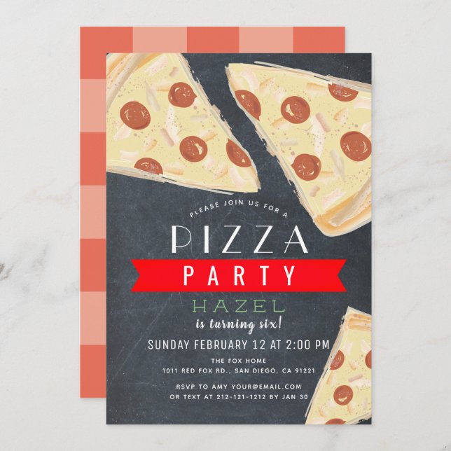 Pizza Party Chalkboard Red Gingham Birthday Invitation (Front/Back)