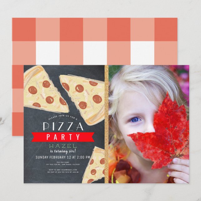 Pizza Party Chalkboard Red Gingham Photo Birthday Invitation (Front/Back)
