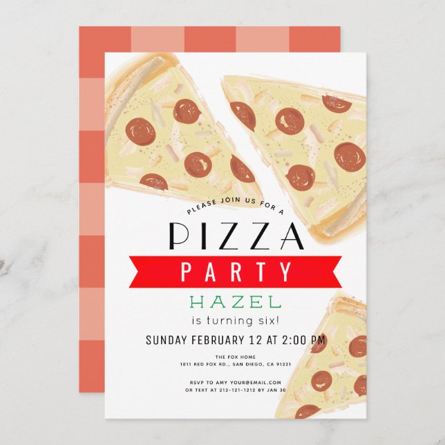 Pizza Party Red Gingham Birthday Invitation (Front/Back)