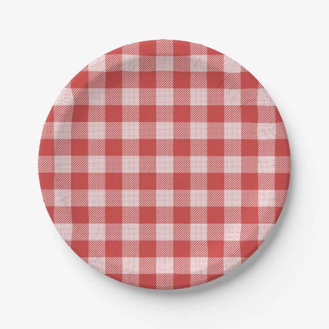 Pizza Party Red Gingham Plaid Paper Plate (Front)