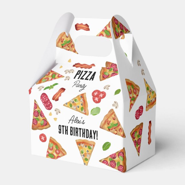 Pizza Party Theme Watercolor Kids Birthday Party Favour Box (Front Side)