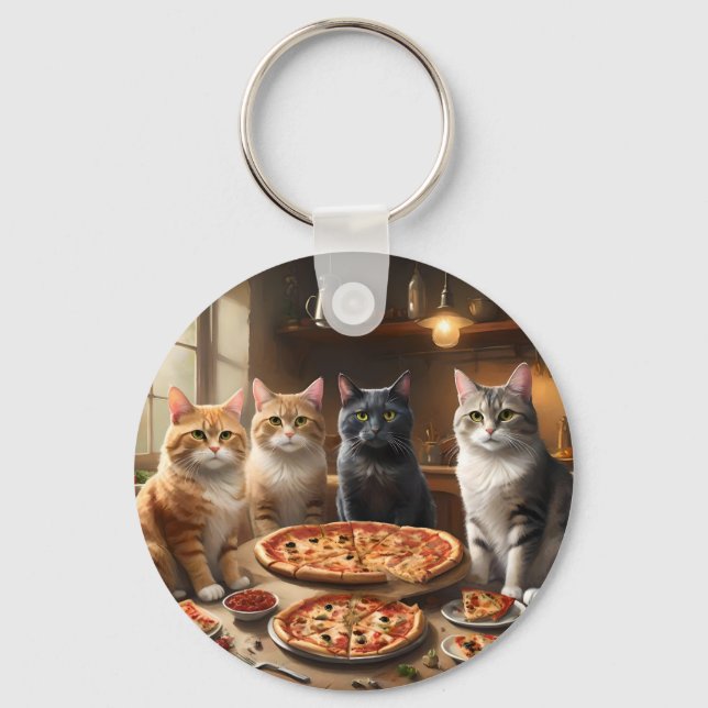 "Pizza Paw-ty: Four Cats Digging In!" Key Ring (Front)
