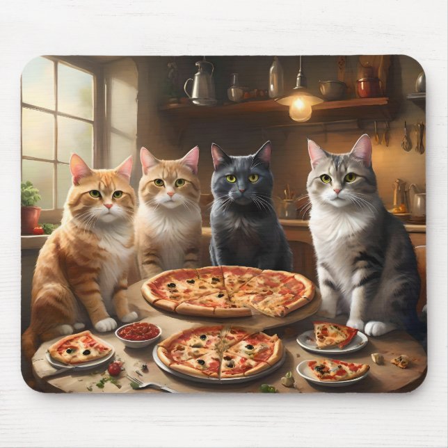 "Pizza Paw-ty: Four Cats Digging In!" Mouse Pad (Front)