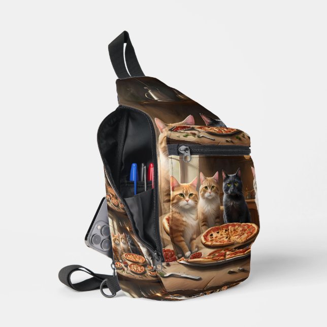"Pizza Paw-ty: Four Cats Digging In!" Sling Bag (Open)