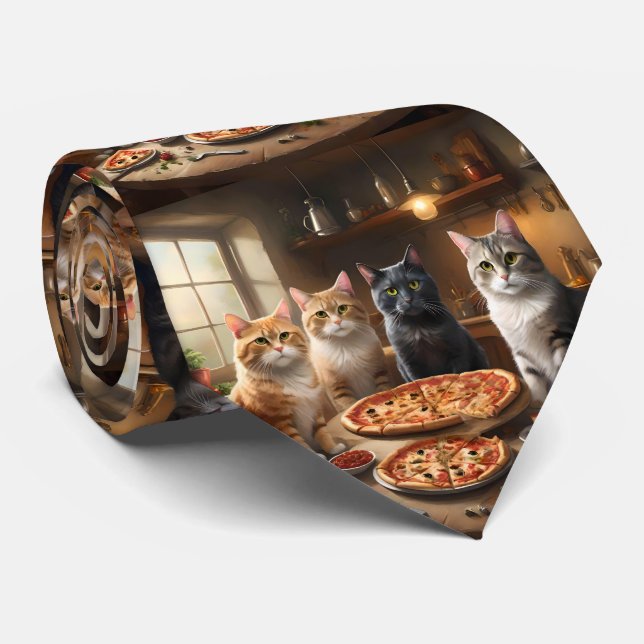 "Pizza Paw-ty: Four Cats Digging In!" Tie (Rolled)
