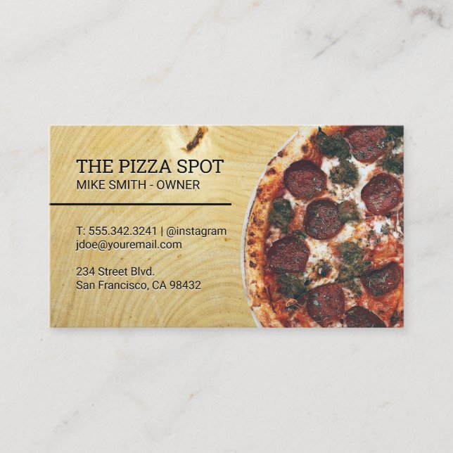 Pizza Pie on Wood Table Business Card (Front)