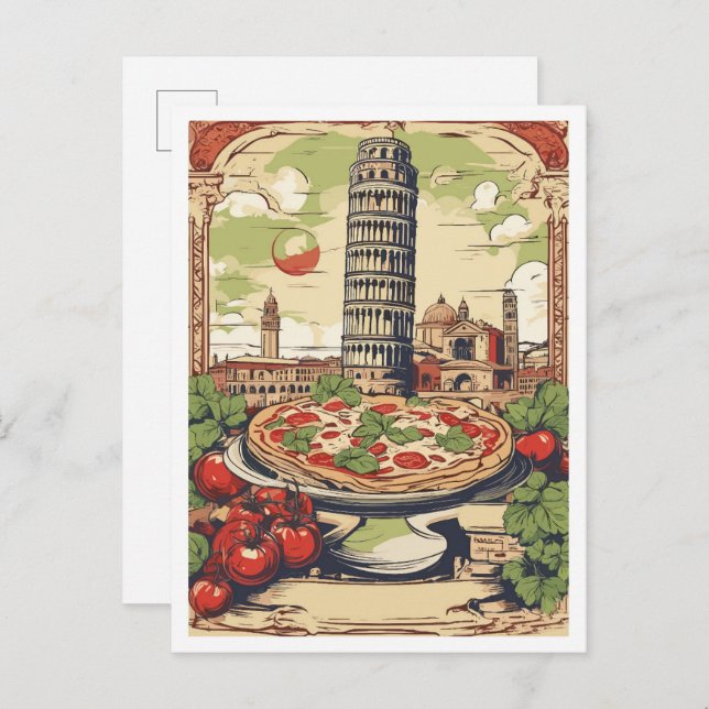 Pizza Pisa Italy Vintage Travel Illustration Postcard (Front/Back)