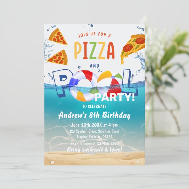 Pizza & Pool Party Summer Water Birthday Invitation (Standing Front)