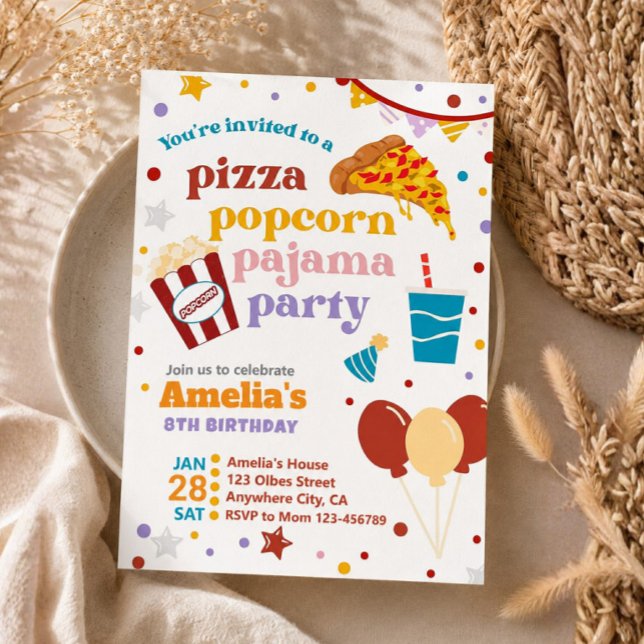 Pizza Popcorn and Pyjamas Birthday Invitation (Pizza Popcorn and Pajamas Party, Pizza Movie Night Invite, Pizza Birthday, Sleepover Invite)