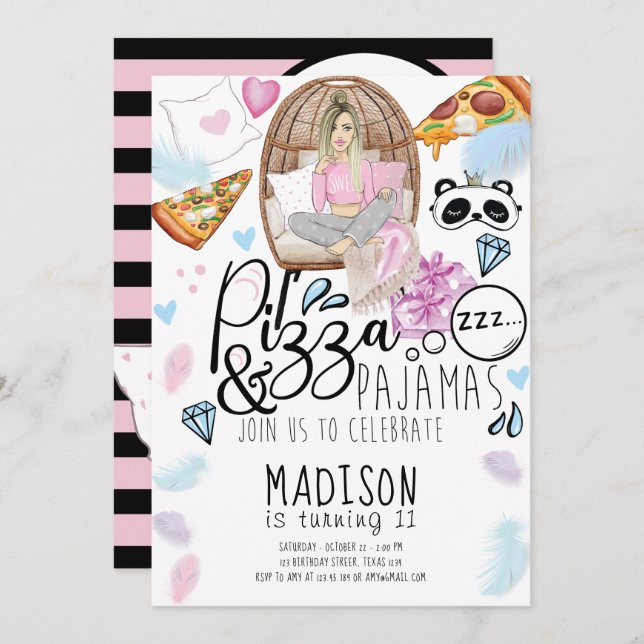 Pizza & Pyjamas Sleepover Birthday  Invitation (Front/Back)