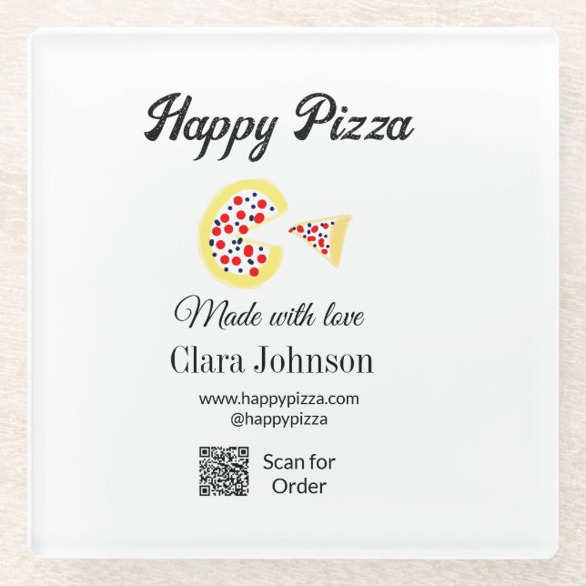Pizza restaurant cafe pizzeria scan QR code order  Glass Coaster (Front)
