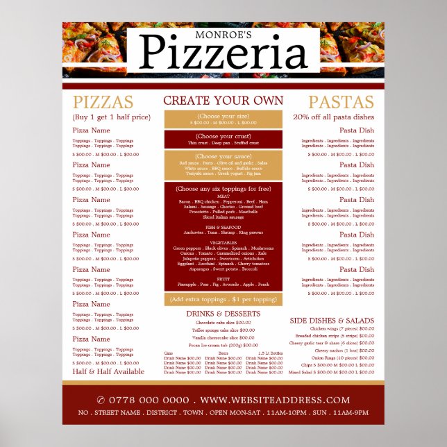 Pizza Restaurant, Pizzeria Menu Poster (Front)