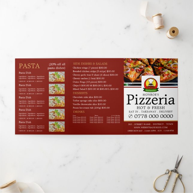 Pizza Restaurant, Pizzeria Menu Tri-Fold Flyer (Outside)