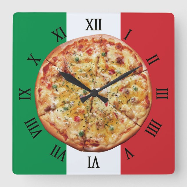 Pizza ~ Roman Numerals ~ Italian Flag ~ Square Wall Clock (Front)