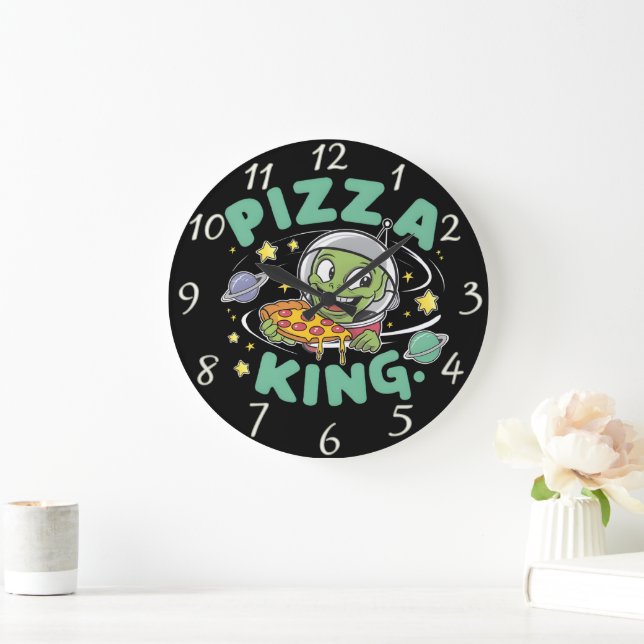 Pizza Royalty: Cartoon Character Holds Pizza King  Large Clock (Home)