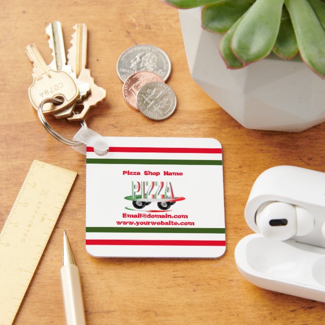 Pizza service,red green ,personalised    key ring (Desk)