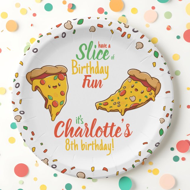 Pizza, Slice of Birthday fun, kawaii  Paper Plate (Creator Uploaded)