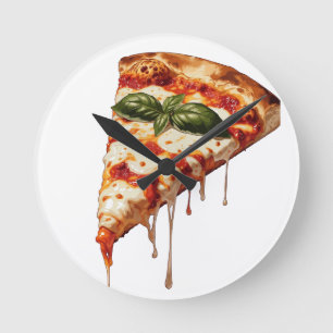 Pizza Slice with Gooey Melted Cheese Pull Margheri Round Clock