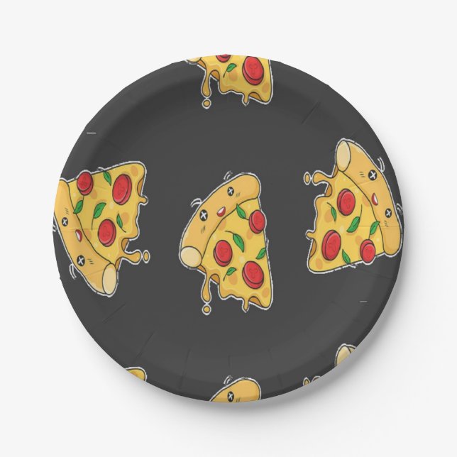 Pizza slices food character pattern paper plate (Front)