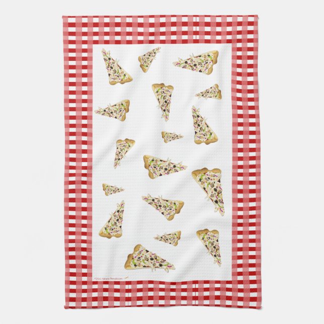 Pizza Slices Red Chequered Border Tea Towel (Vertical)
