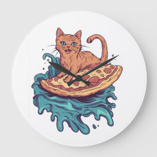 Pizza Surf Cat � Extreme Foodie Cat Adventure Large Clock