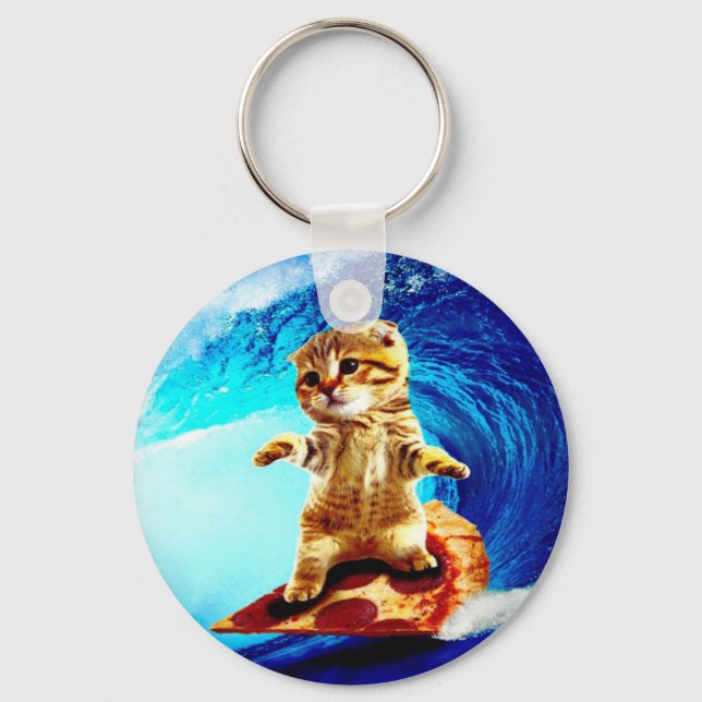 Pizza Surfing Cat Key Ring (Front)