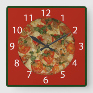 Pizza Time - Red border & White Numbers Square Wall Clock
