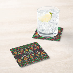 Pizza Ugly Christmas Sweater Square Paper Coaster
