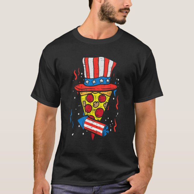 Pizza Us Flag Hat Firecracker 4th Of July Food Pat T-Shirt (Front)