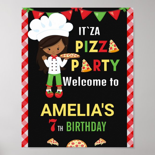 Pizza welcome party sign Little chef girl (Front)