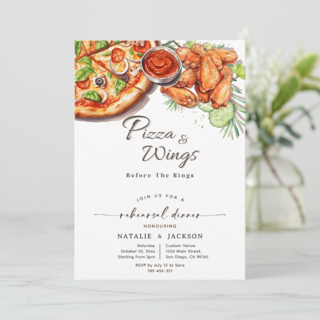 Pizza & Wings Before The Rings Rehearsal Dinner Invitation (Standing Front)