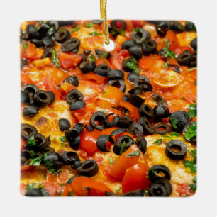 Pizza with black olives ceramic ornament