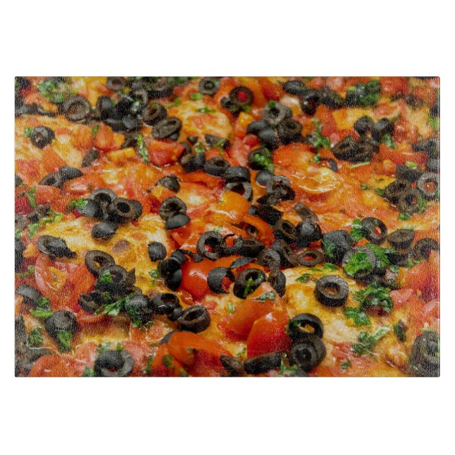 Pizza with black olives cutting board (Front)