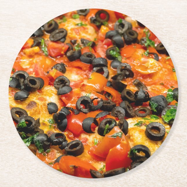 Pizza with black olives round paper coaster (Front)
