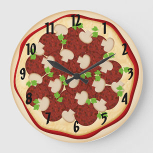 pizza with pepperoni and mushrooms large clock