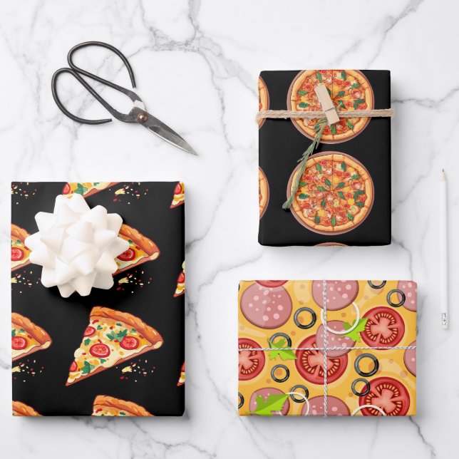Pizza Wrapping Paper | 3 Sheets | 3 Designs Black (Front)