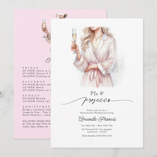 PJs & Prosecco Pajama Party Bachelorette Weekend Invitation (Front/Back)