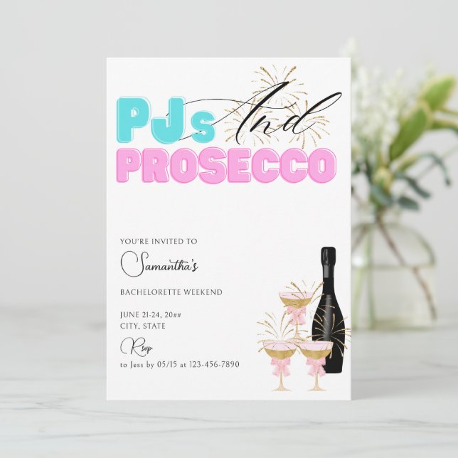 PJs Prosecco Pajama Party Bachelorette Weekend Invitation (Standing Front)