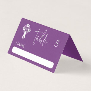 Place Card Floral Cross Christening Sweet Plum