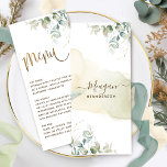 Place Card/ Menu, Elegant Greenery and Watercolor Menu<br><div class="desc">Elegant Menu for any occasion with greenery details and watercolor stain on the back with option to personalise with your name and event, or your guest name, creating an all-in-one menu-place card. Design with exquisite watercolor Eucalyptus greenery and modern hand written calligraphy details. Greenery details in both front and back...</div>