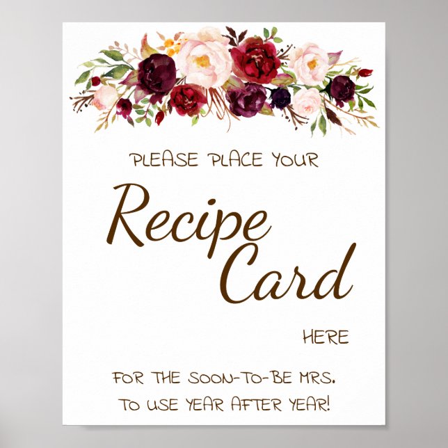 Place Recipe Card Here Marsala Flowers Shower Sign (Front)