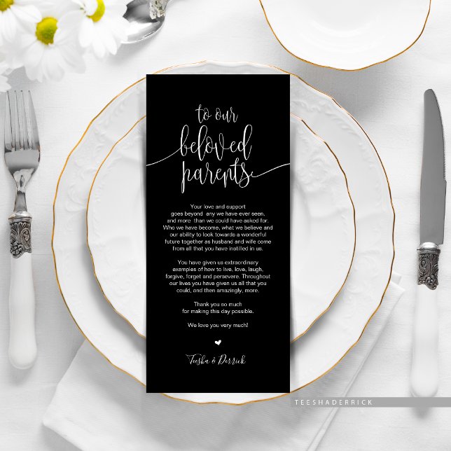 Place Setting Thank You Card for beloved Parents (Wedding Dinner or Elopement Brunch Place Setting Thank You Card, In Modern Classy Black and White.)
